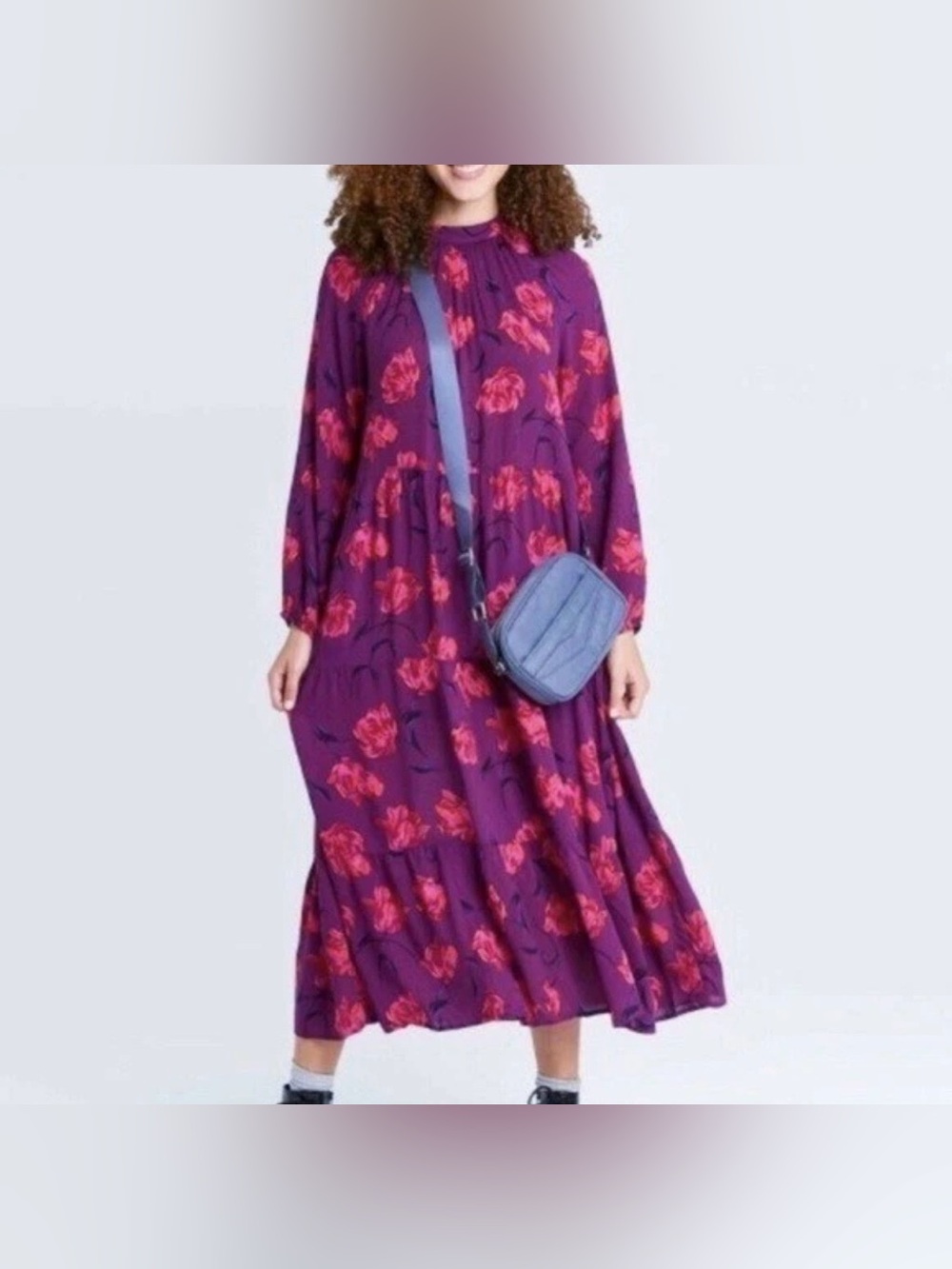 A New Day Dress XS Purple Tulip Floral Mock Neck Midi Tiered Pockets Modest Cute